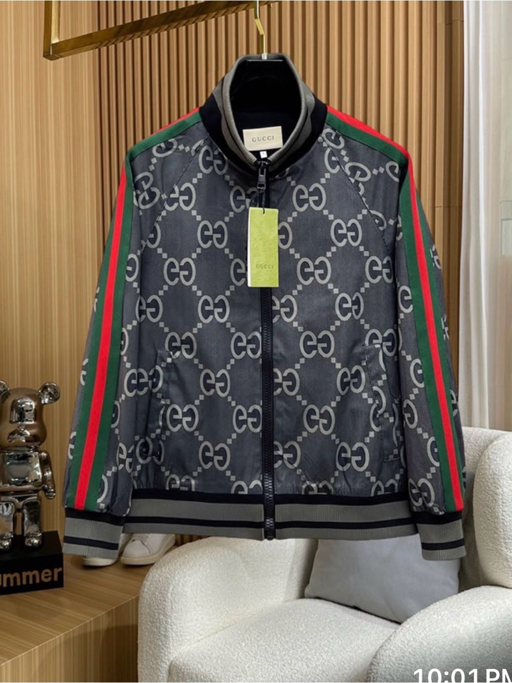 Gucci Gray GG Monogram Bomber Jacket with Green-Red Stripe